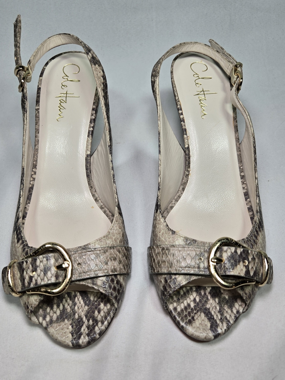 Vintage Cole Haan Leather Sling Back Kitten Heels Peep Toe Gray Snakeskin Print